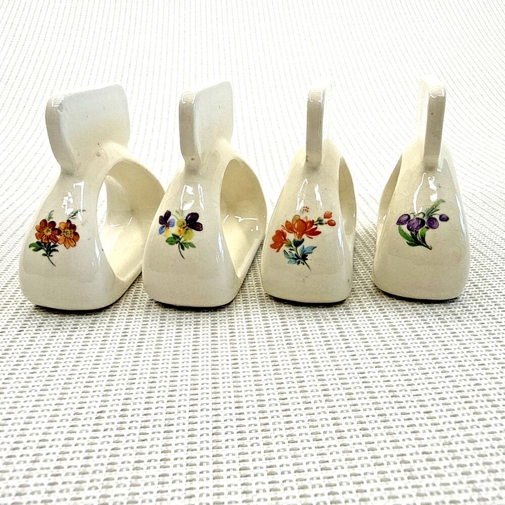 Vintage Porcelain Napkin Rings Hand Painted Floral Design Set of 4